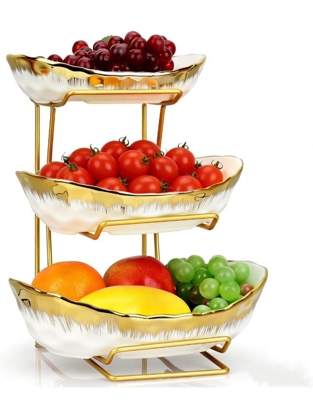Elegant 3-Tier Fruit Bowl Stand - Gold Trim Ceramic Kitchen Counter Organizer